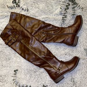 Faux leather thigh high boots with side straps